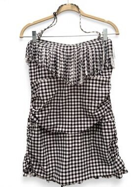 Women’s Swimsuit Black & White Gingham with Fringe & Ruffle NWOT XL